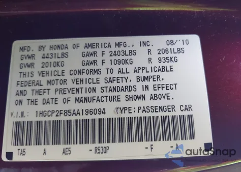 2010 Honda Accord 2.4 Ex-L from USA, damaged, VIN 1HGCP2F85AA196094